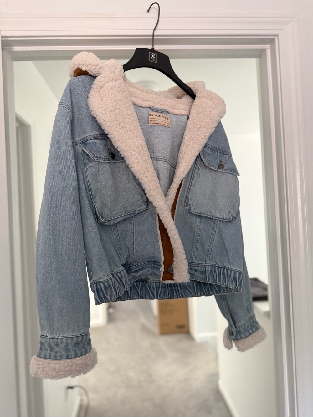Free People Light Blue Denim Jacket with Brown Sherpa Hood - Picture 3 of 11